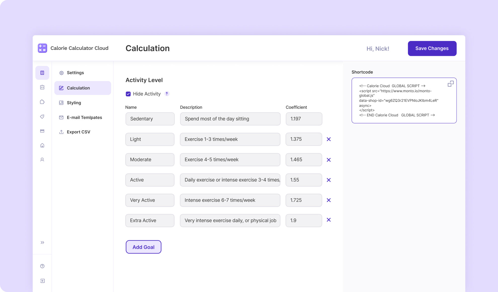 activity levels - calorie calculator cloud