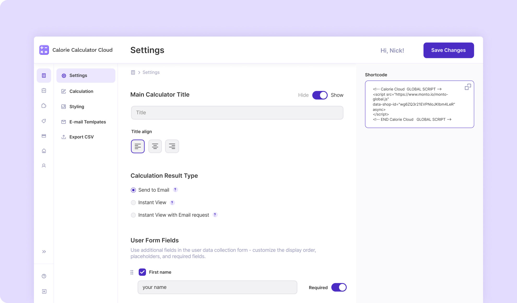 calculation result type - calorie calculator cloud