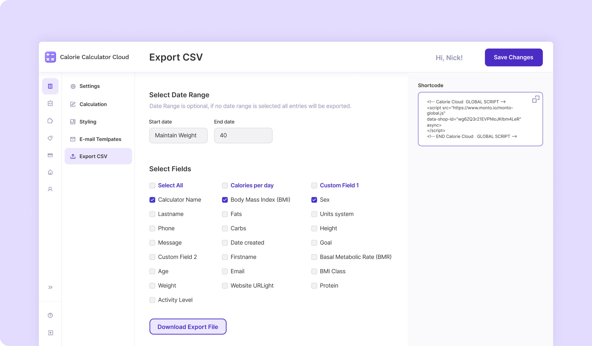 entries - calorie calculator cloud