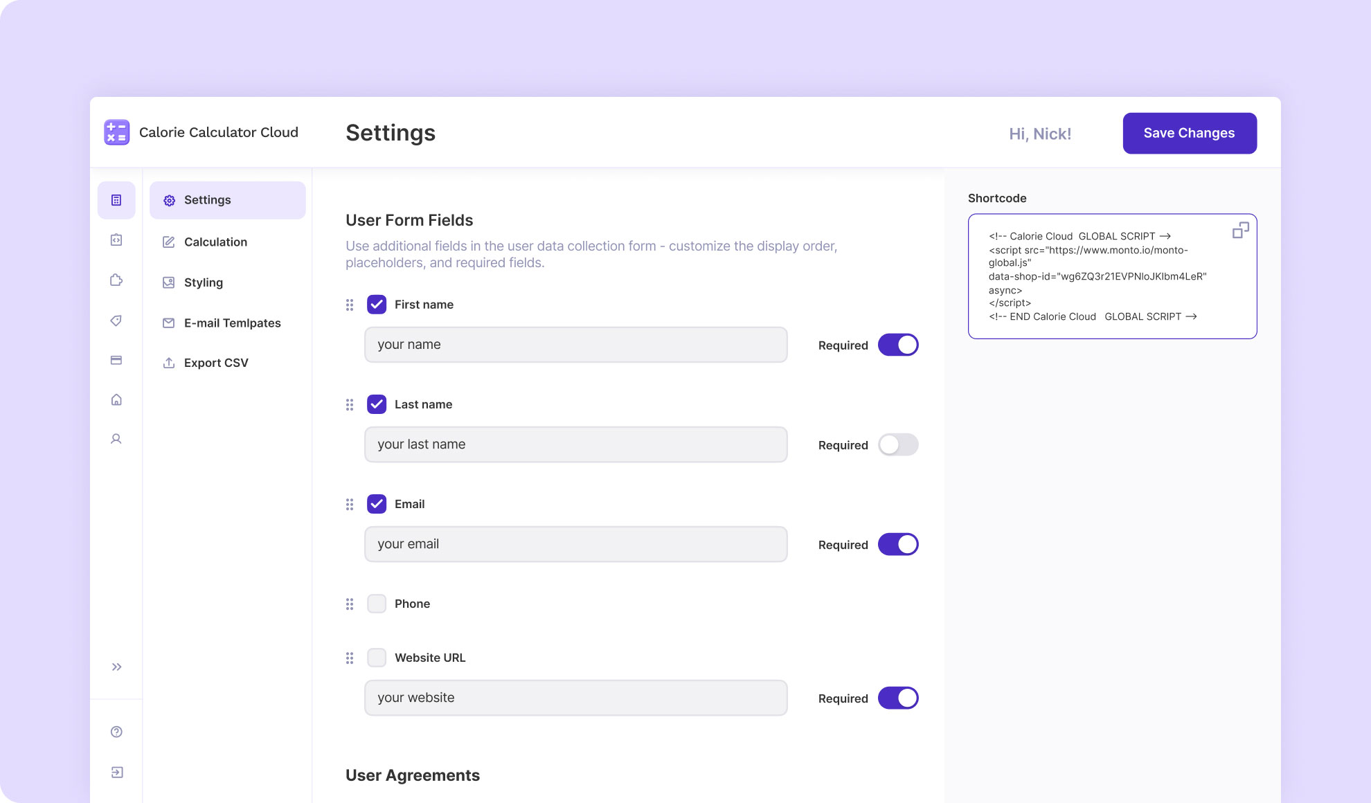 flexibility of design settings for request forms for calorie calculator cloud