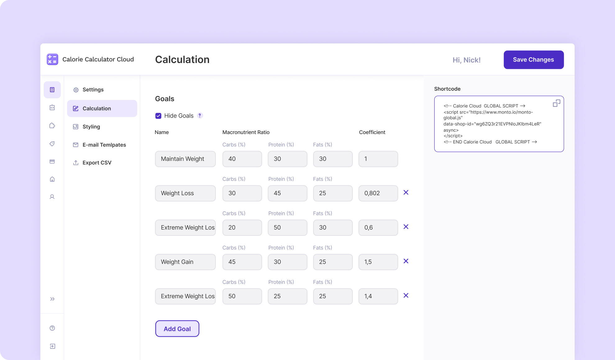 goals - calorie calculator cloud