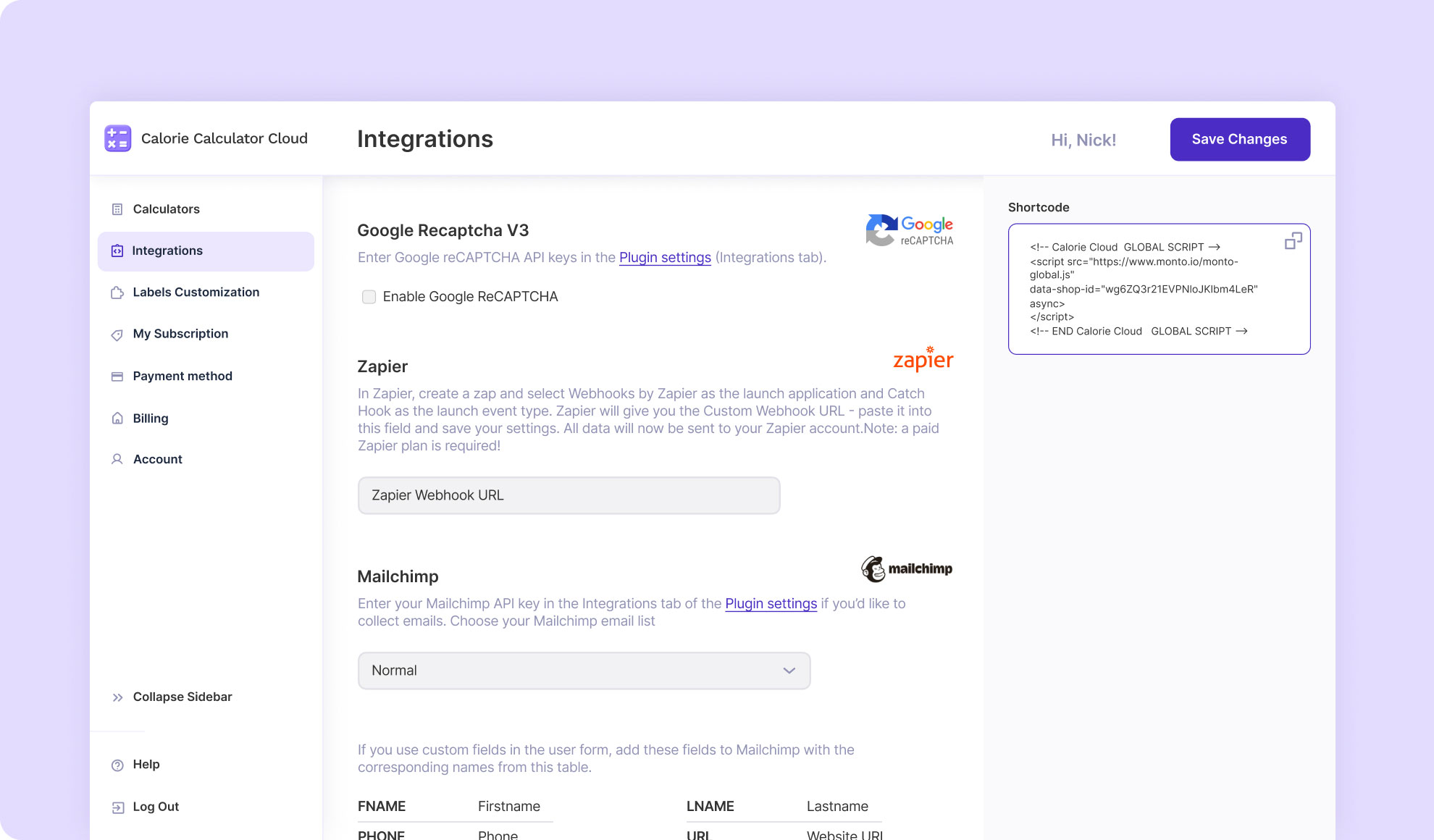 integrations - calorie calculator cloud