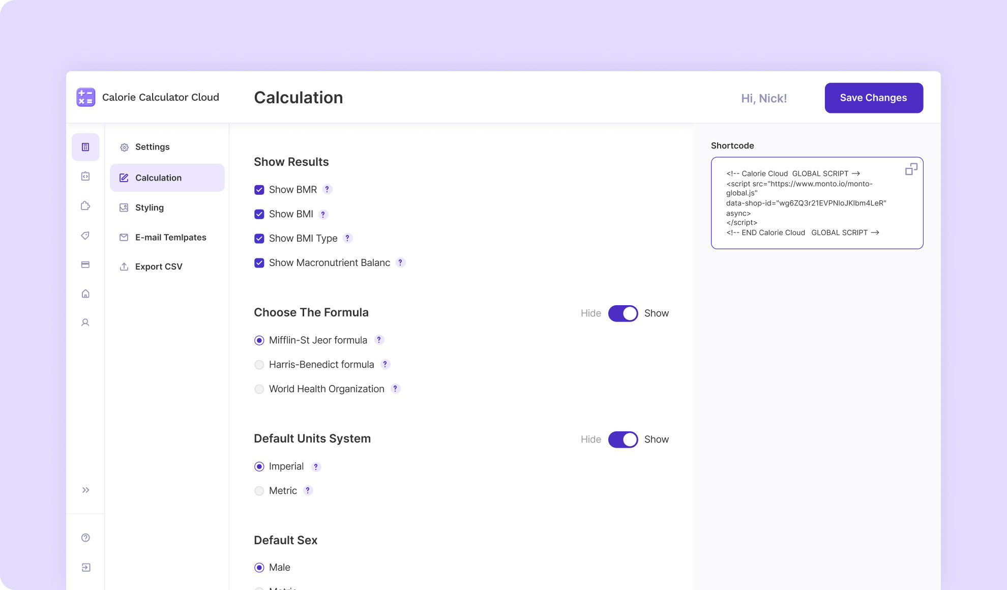 setting up calculations - calorie calculator cloud