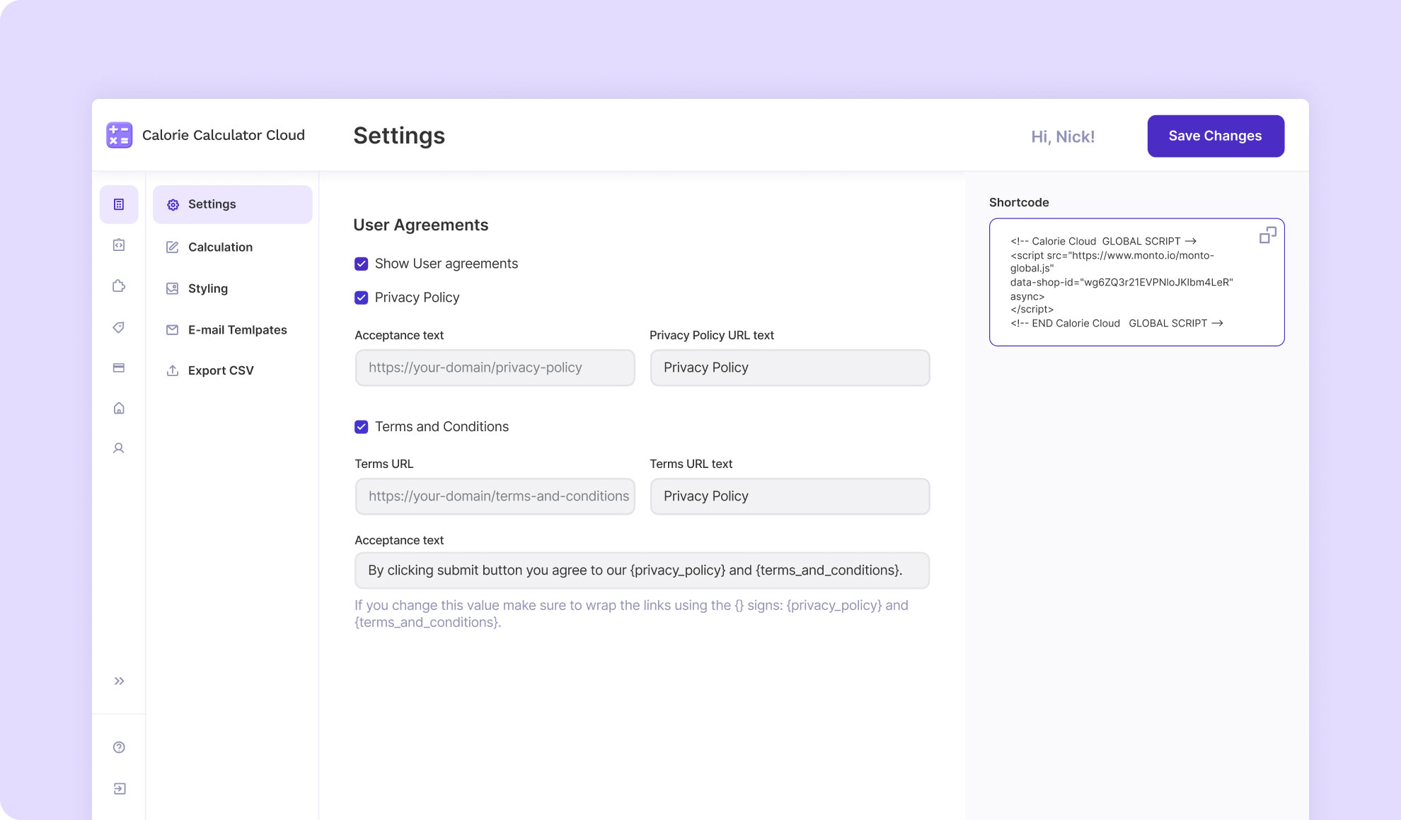 user agreement - calorie calculator cloud